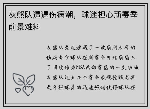 灰熊队遭遇伤病潮，球迷担心新赛季前景难料